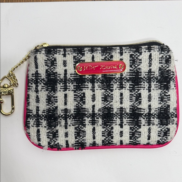 Betsey Johnson Handbags - Betsey Johnson Black and White Plaid Clutch with Pink Accents